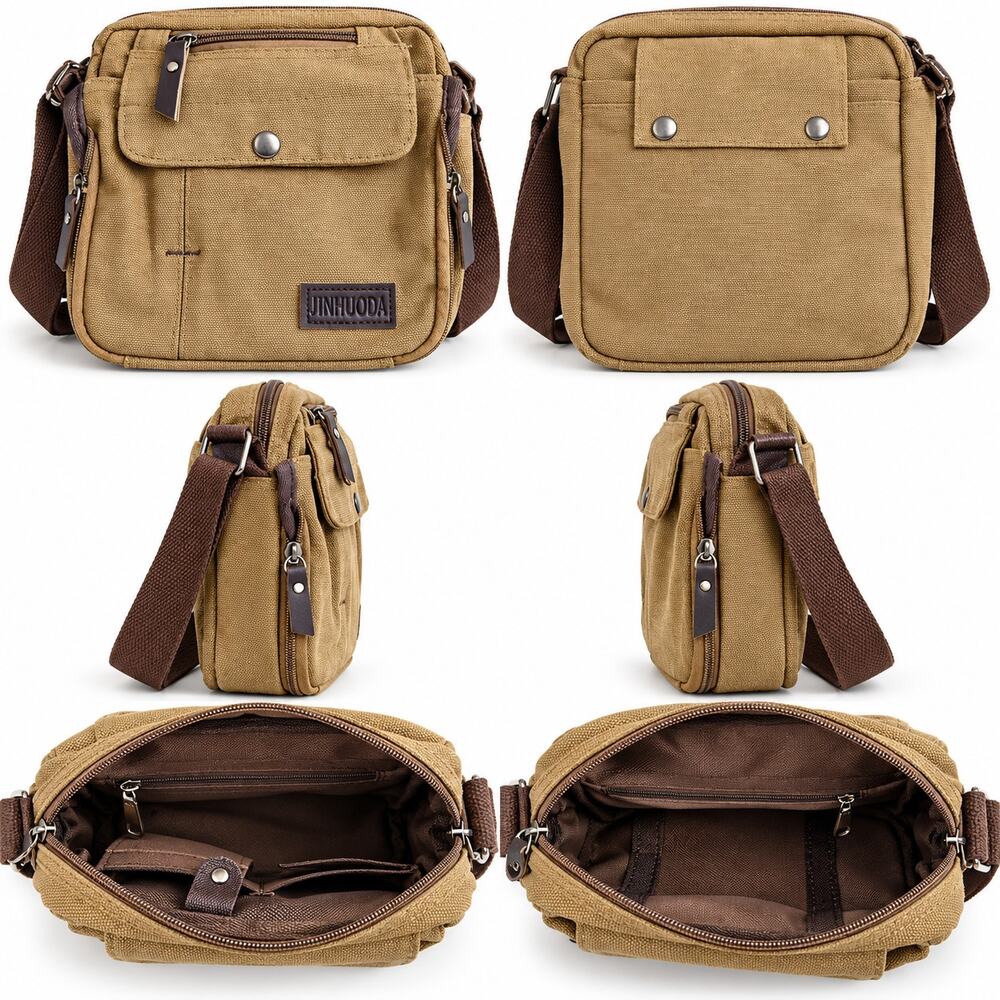 JINHUODA Small Canvas Crossbody Messenger Bag Coffee Brown Multi Pocket New